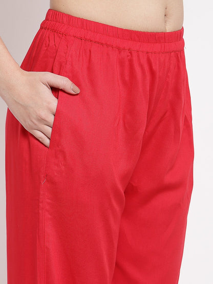 Women's Red Cotton Solid 3/4 Sleeve Square Neck Casual Kurta Pant Dupatta Set