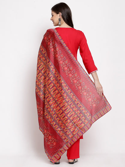 Women's Red Cotton Solid 3/4 Sleeve Square Neck Casual Kurta Pant Dupatta Set