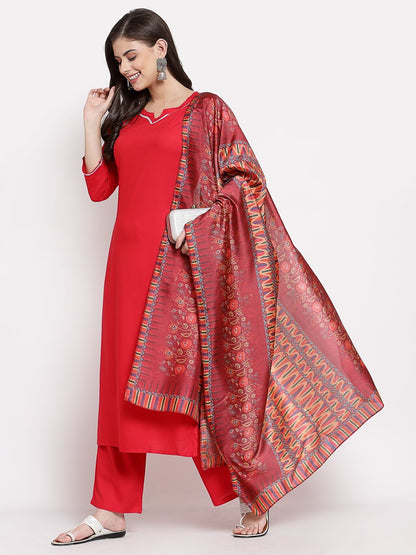 Women's Red Cotton Solid 3/4 Sleeve Square Neck Casual Kurta Pant Dupatta Set