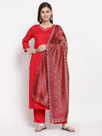 Women's Red Cotton Solid 3/4 Sleeve Square Neck Casual Kurta Pant Dupatta Set
