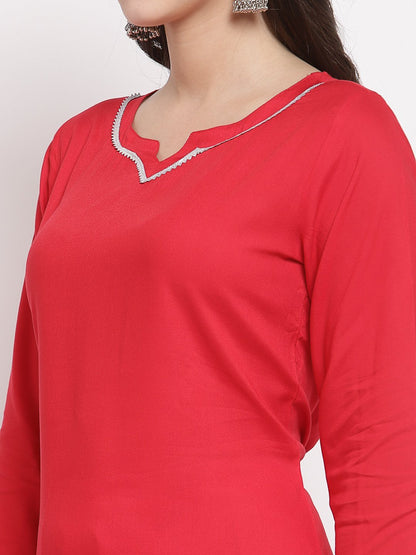 Women's Red Cotton Solid 3/4 Sleeve Square Neck Casual Kurta Pant Dupatta Set