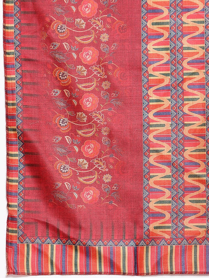 Women's Red Cotton Solid 3/4 Sleeve Square Neck Casual Kurta Pant Dupatta Set