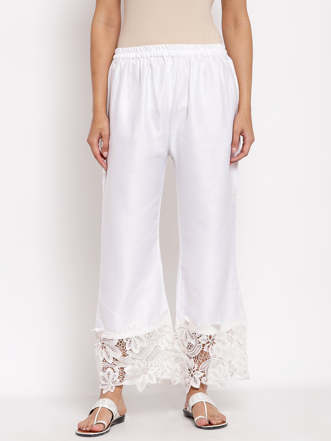 Women's White Cotton Solid Casual Trouser