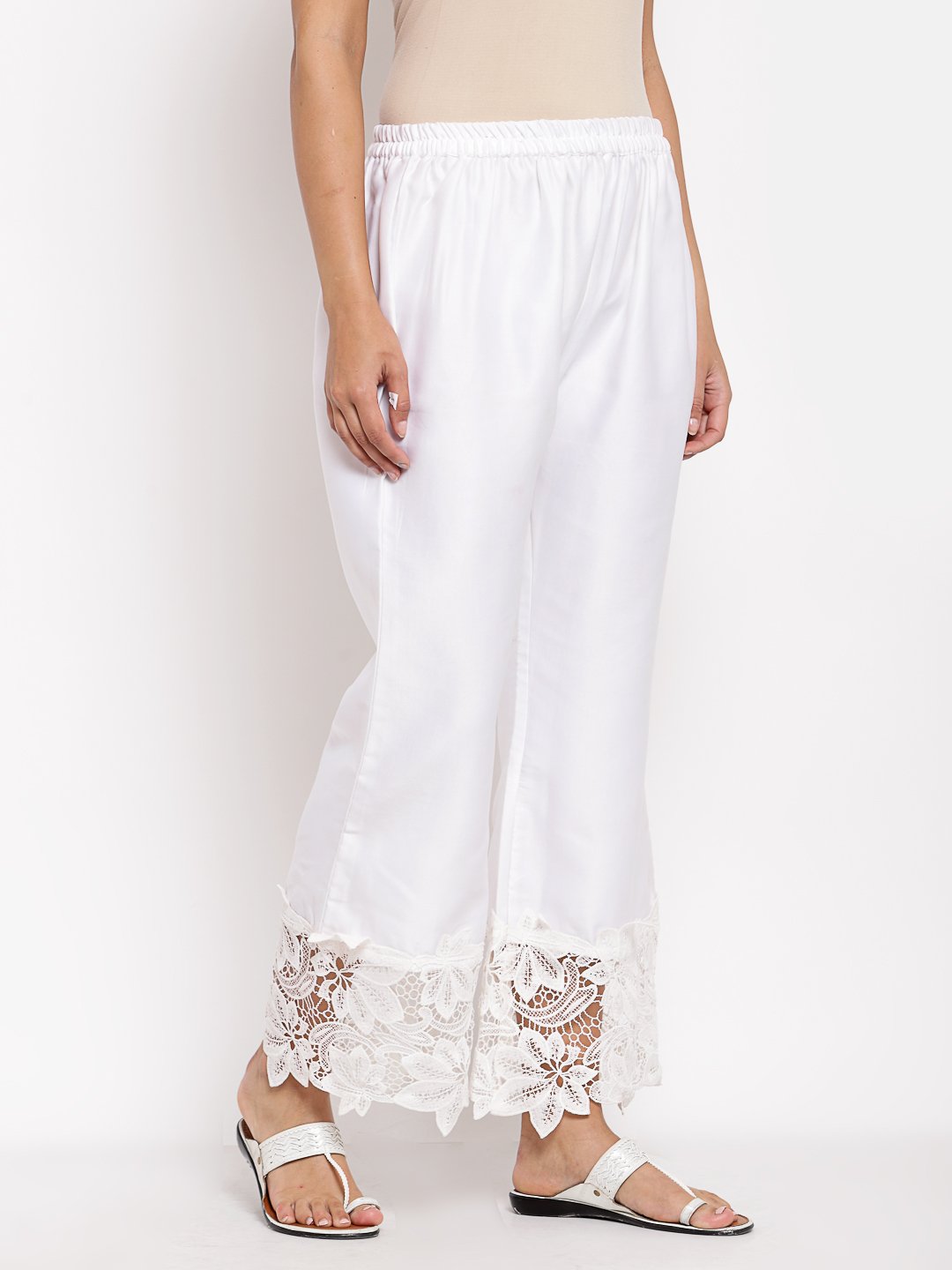 Women's White Cotton Solid Casual Trouser