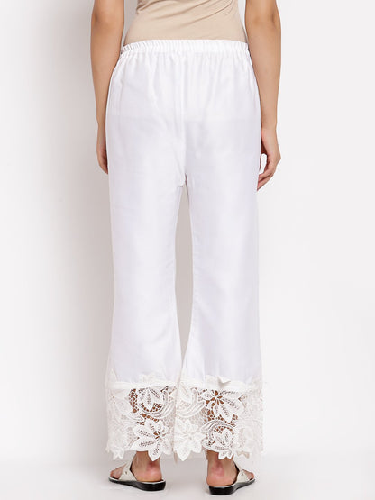 Women's White Cotton Solid Casual Trouser