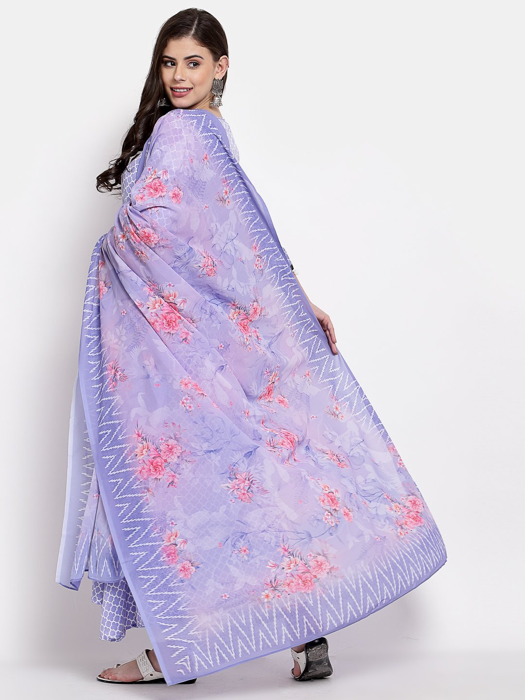 Women's Purple Silk Printed 3/4 Sleeve Round Neck Casual Anarkali Kurta Dupatta Set