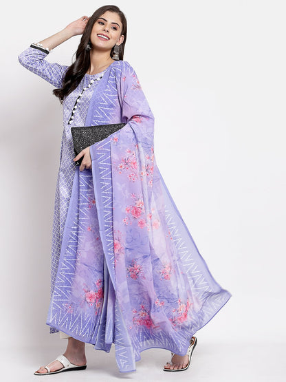 Women's Purple Silk Printed 3/4 Sleeve Round Neck Casual Anarkali Kurta Dupatta Set