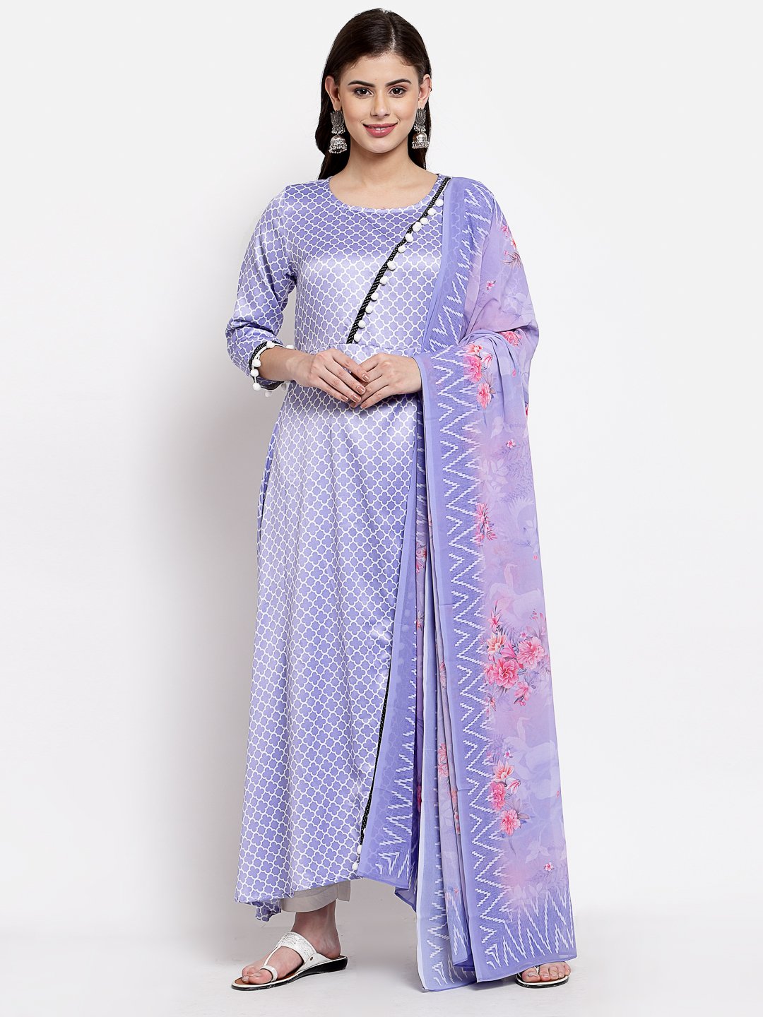 Women's Purple Silk Printed 3/4 Sleeve Round Neck Casual Anarkali Kurta Dupatta Set