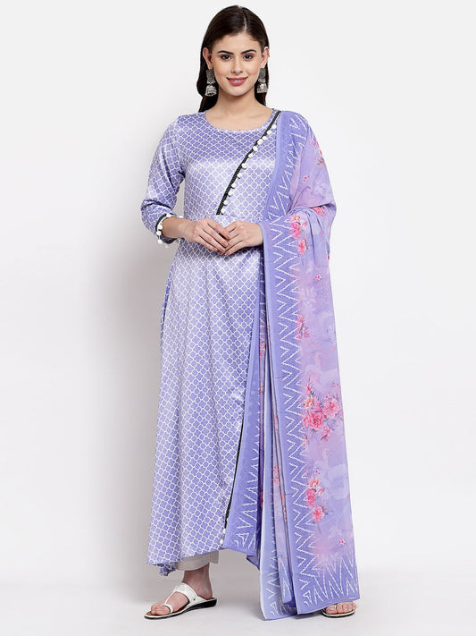 Women's Purple Silk Printed 3/4 Sleeve Round Neck Casual Anarkali Kurta Dupatta Set