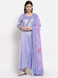 Women's Purple Silk Printed 3/4 Sleeve Round Neck Casual Anarkali Kurta Dupatta Set