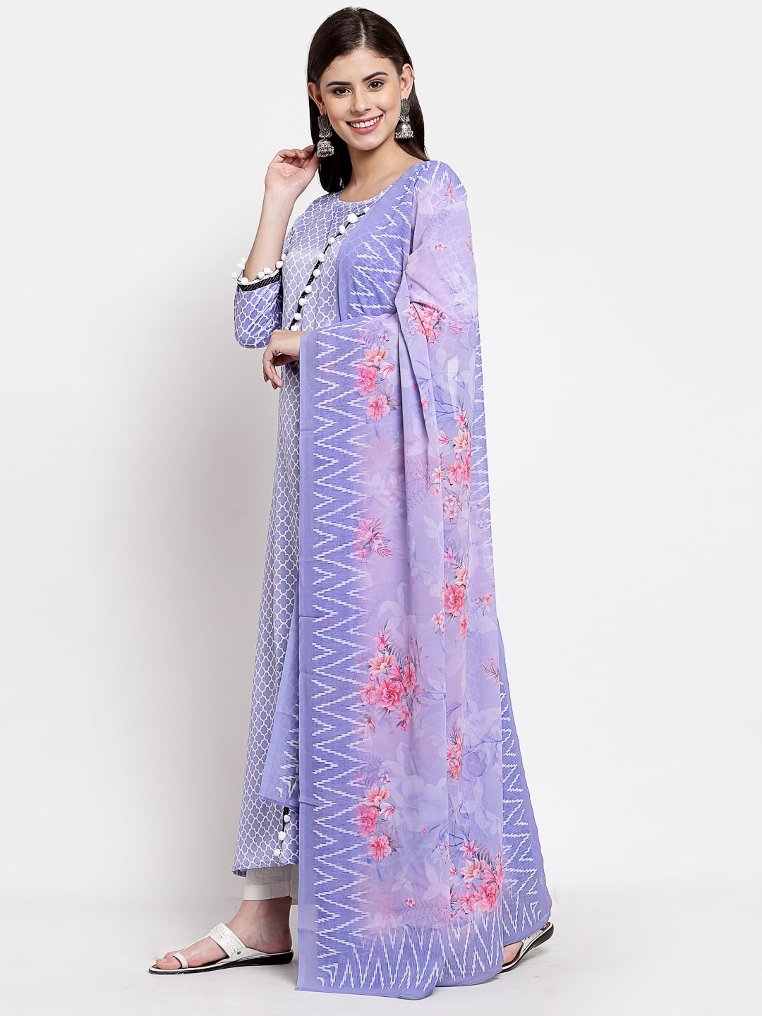 Women's Purple Silk Printed 3/4 Sleeve Round Neck Casual Anarkali Kurta Dupatta Set