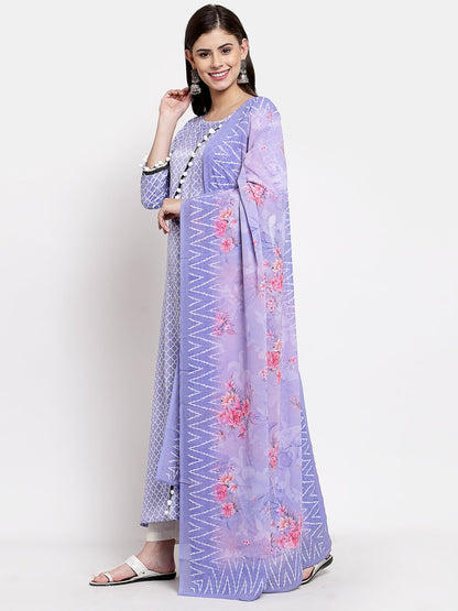 Women's Purple Silk Printed 3/4 Sleeve Round Neck Casual Anarkali Kurta Dupatta Set