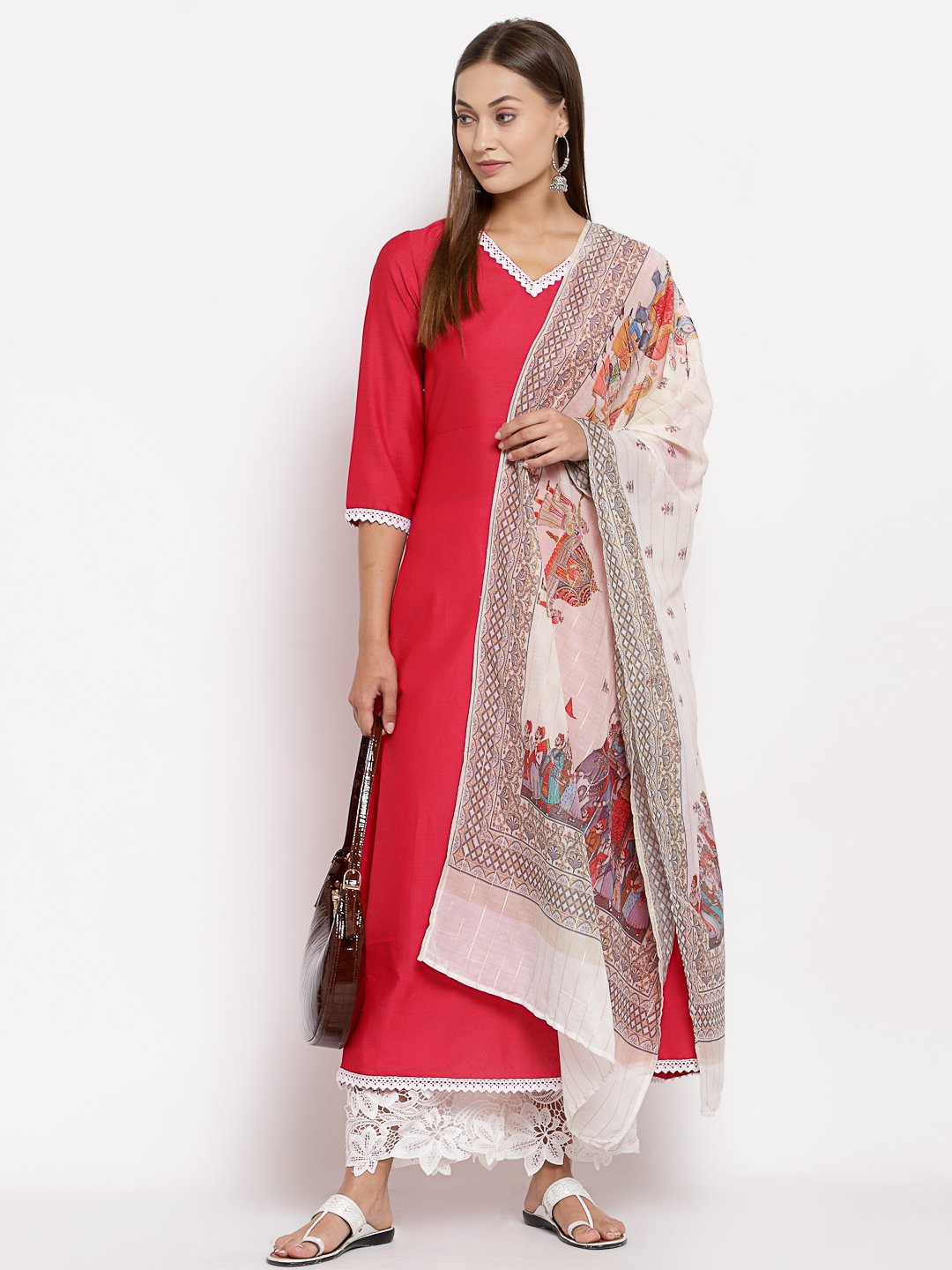 Women's Pink Cotton Solid 3/4 Sleeve V Neck Casual Kurta Dupatta Set