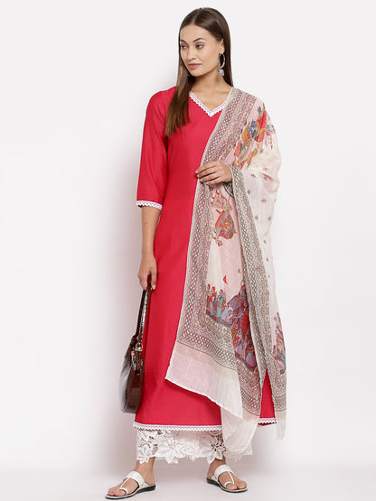 Women's Pink Cotton Solid 3/4 Sleeve V Neck Casual Kurta Dupatta Set
