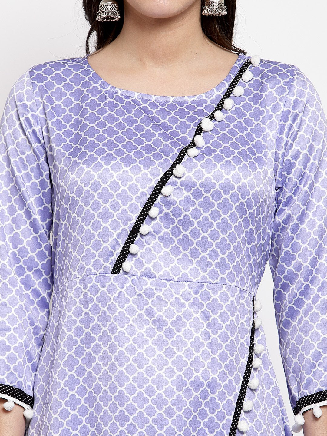 Women's Purple Silk Printed 3/4 Sleeve Round Neck Casual Anarkali Kurta Dupatta Set