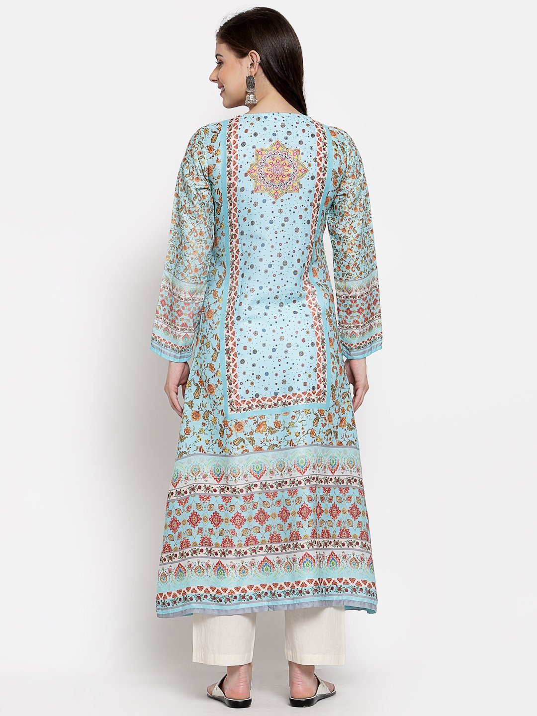 Women's Multi Cotton Printed Full Sleeve V Neck Casual Kurta