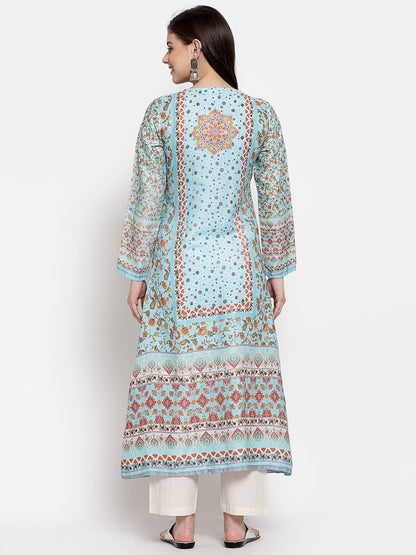 Women's Multi Cotton Printed Full Sleeve V Neck Casual Kurta