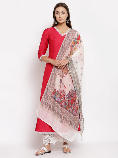 Women's Pink Cotton Solid 3/4 Sleeve V Neck Casual Kurta Dupatta Set