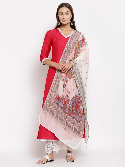 Women's Pink Cotton Solid 3/4 Sleeve V Neck Casual Kurta Dupatta Set