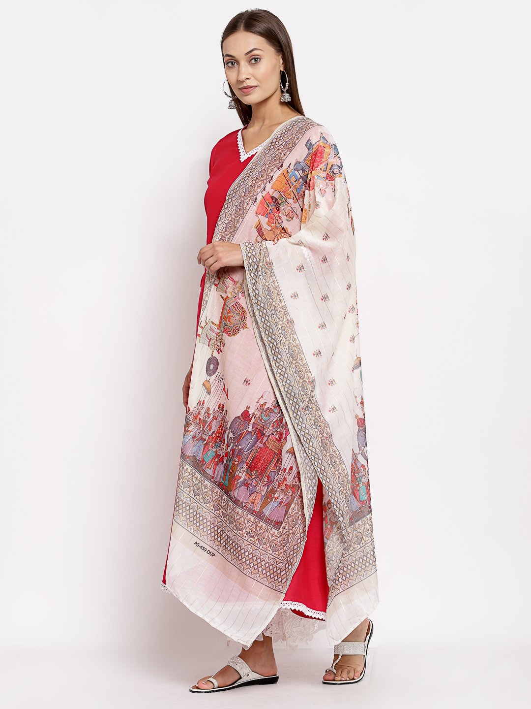 Women's Pink Cotton Solid 3/4 Sleeve V Neck Casual Kurta Dupatta Set