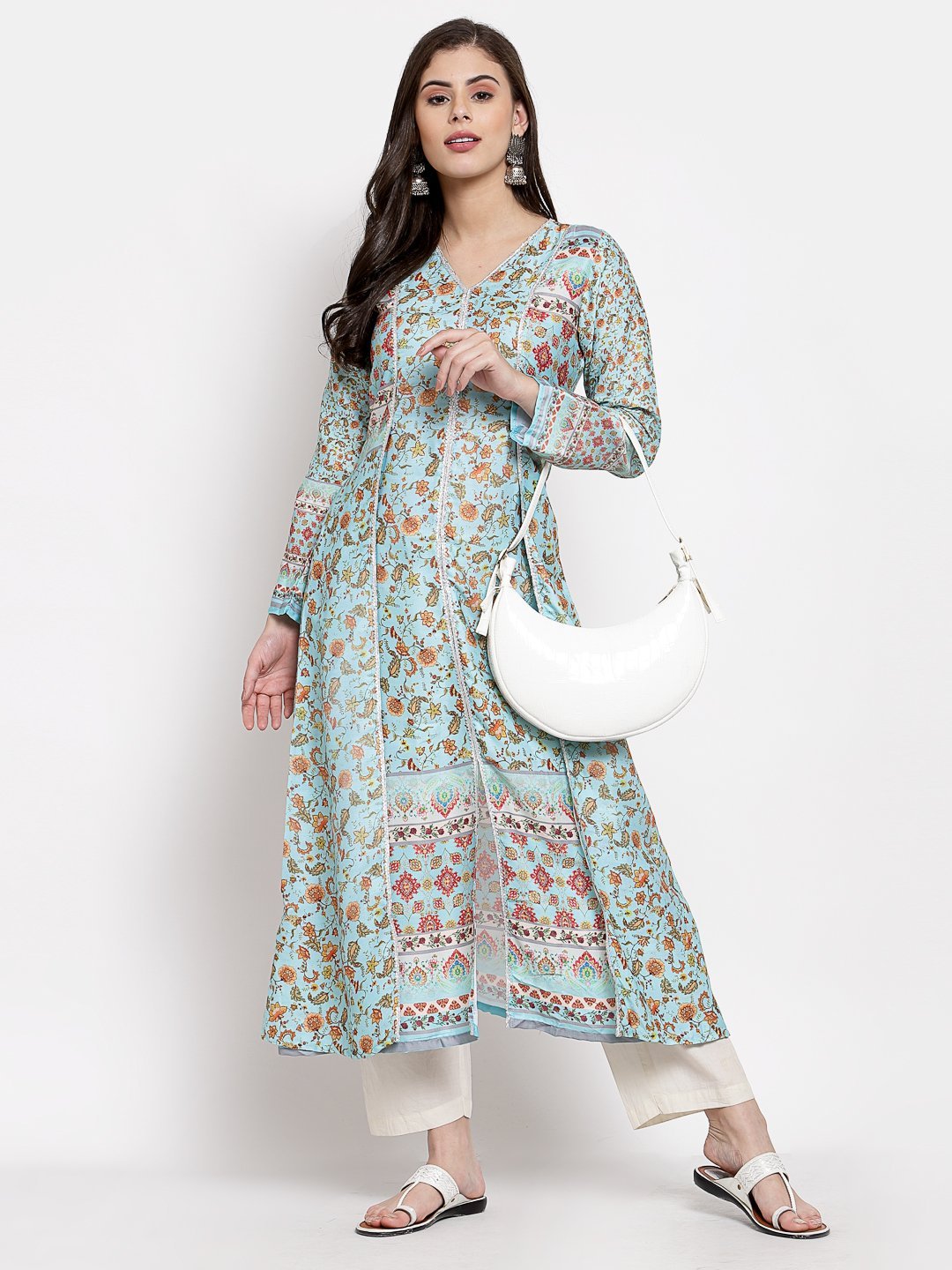 Women's Multi Cotton Printed Full Sleeve V Neck Casual Kurta