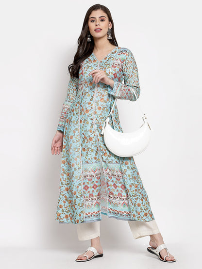 Women's Multi Cotton Printed Full Sleeve V Neck Casual Kurta