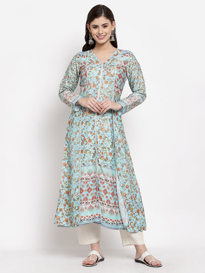 Women's Multi Cotton Printed Full Sleeve V Neck Casual Kurta