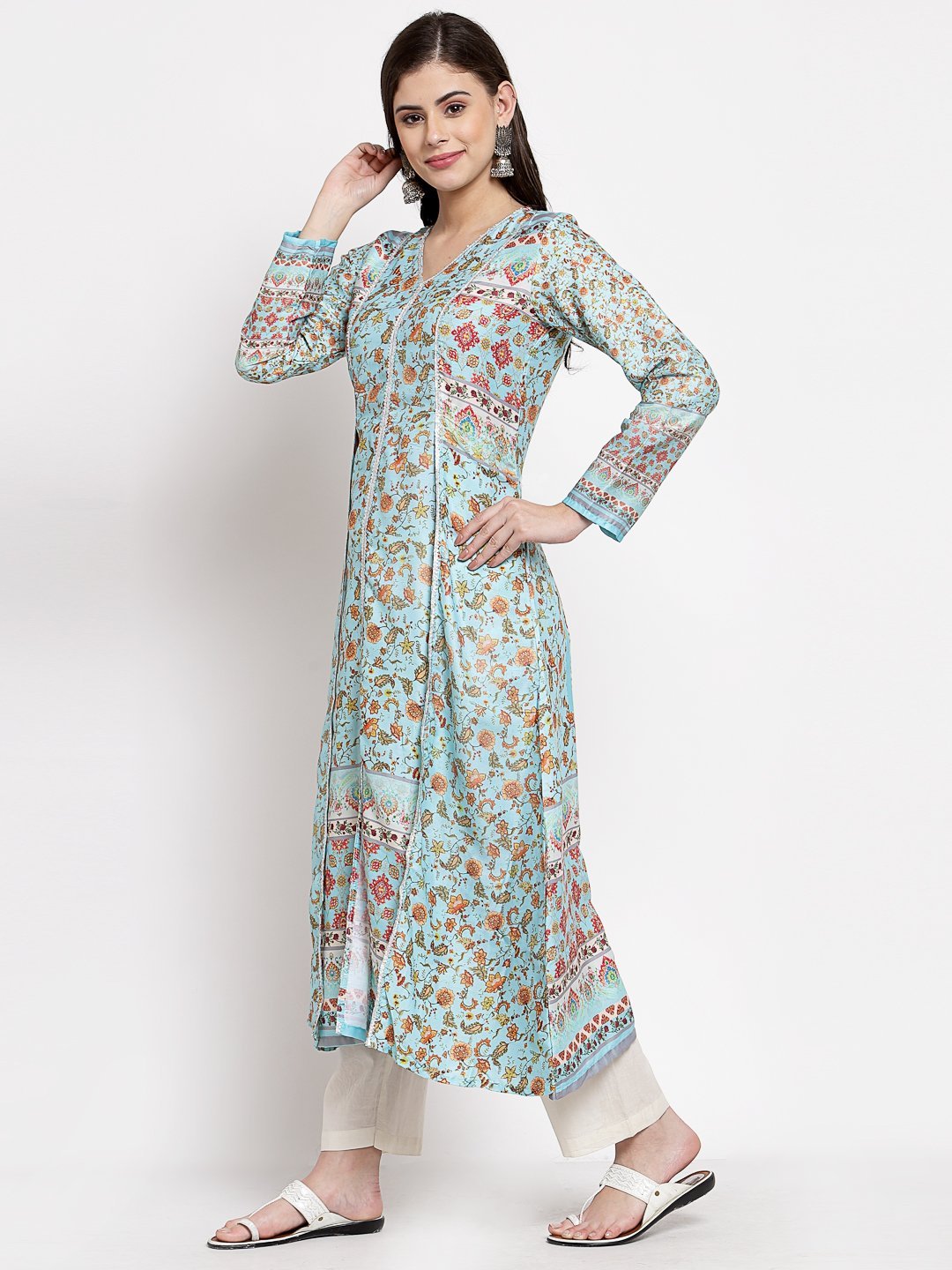 Women's Multi Cotton Printed Full Sleeve V Neck Casual Kurta