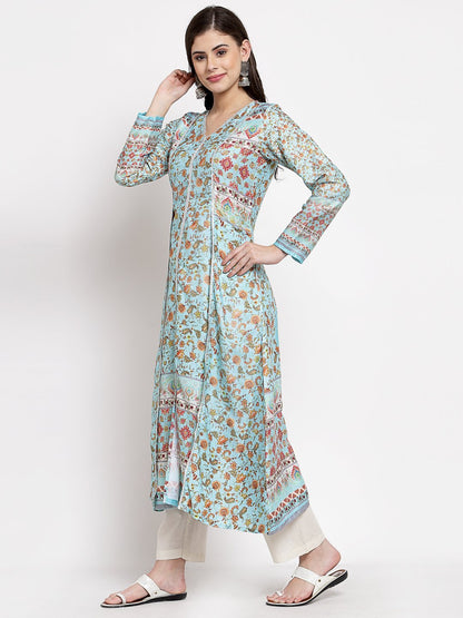 Women's Multi Cotton Printed Full Sleeve V Neck Casual Kurta