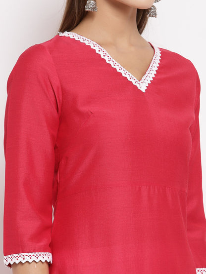 Women's Pink Cotton Solid 3/4 Sleeve V Neck Casual Kurta Dupatta Set
