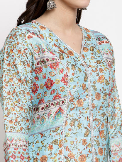 Women's Multi Cotton Printed Full Sleeve V Neck Casual Kurta