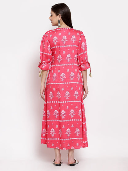 Women's Pink Cotton Printed 3/4 Sleeve Round Neck Casual Dress