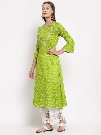 Women Green Cotton Printed Kurta by Myshka (