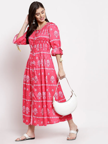 Women's Pink Cotton Printed 3/4 Sleeve Round Neck Casual Dress