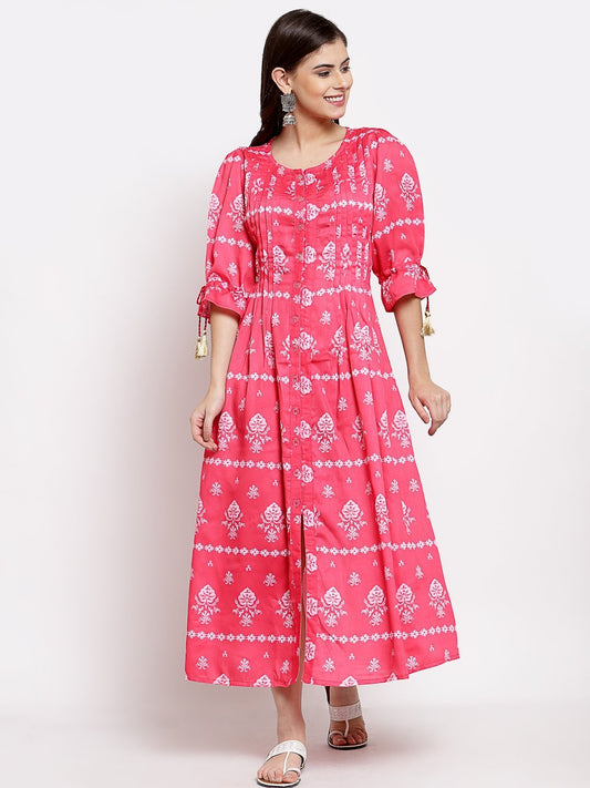 Women's Pink Cotton Printed 3/4 Sleeve Round Neck Casual Dress