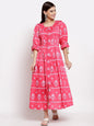 Women's Pink Cotton Printed 3/4 Sleeve Round Neck Casual Dress