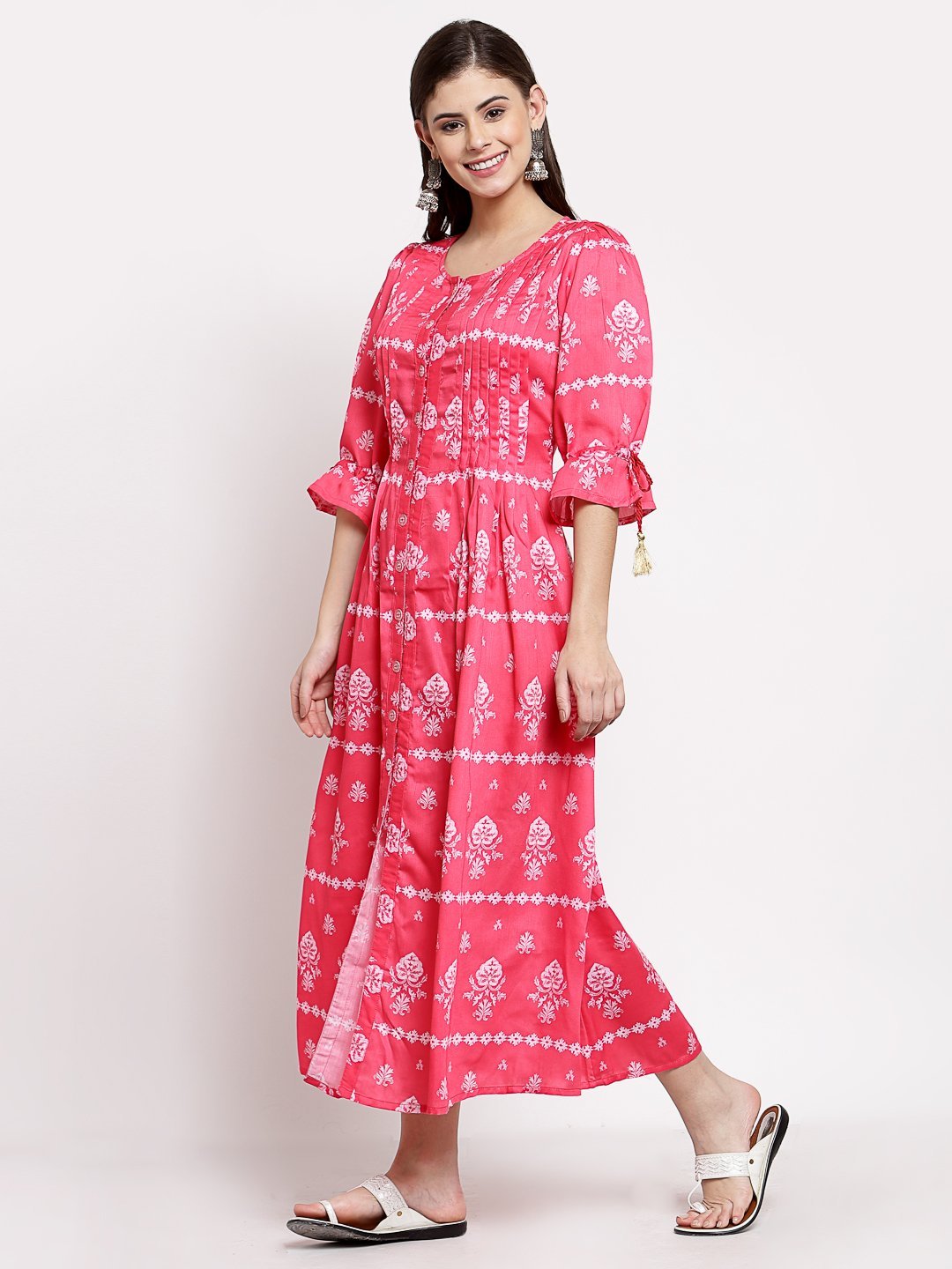 Women's Pink Cotton Printed 3/4 Sleeve Round Neck Casual Dress