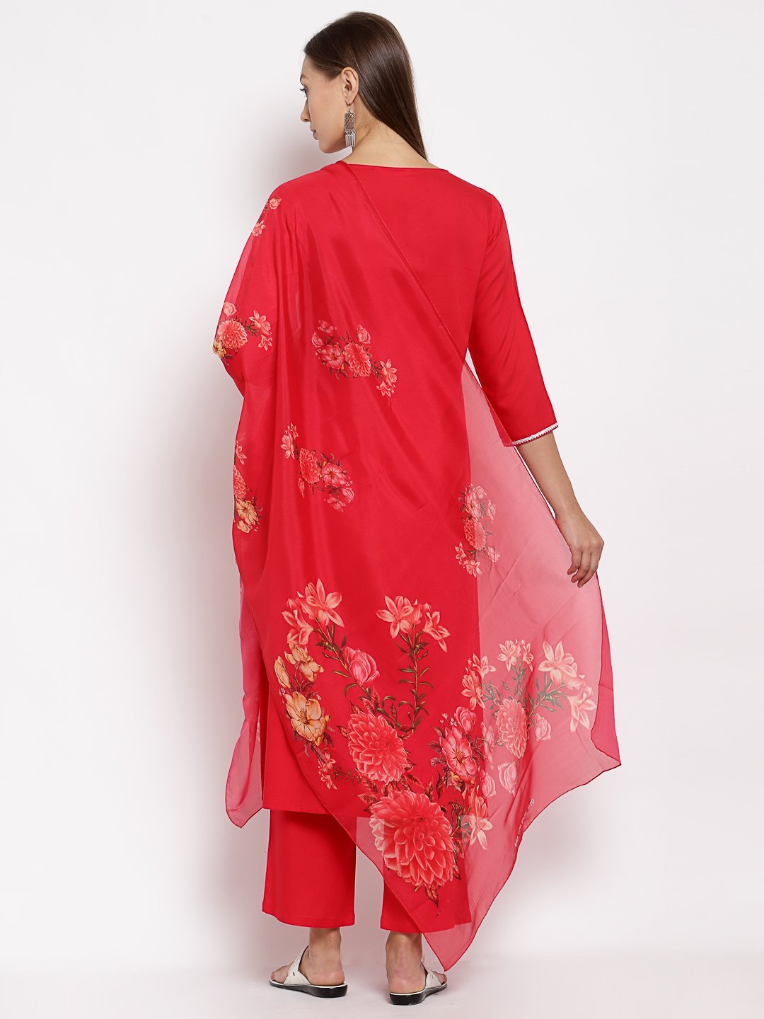 Women's Red Cotton Solid 3/4 Sleeve Square Neck Casual Kurta Pant Dupatta Set