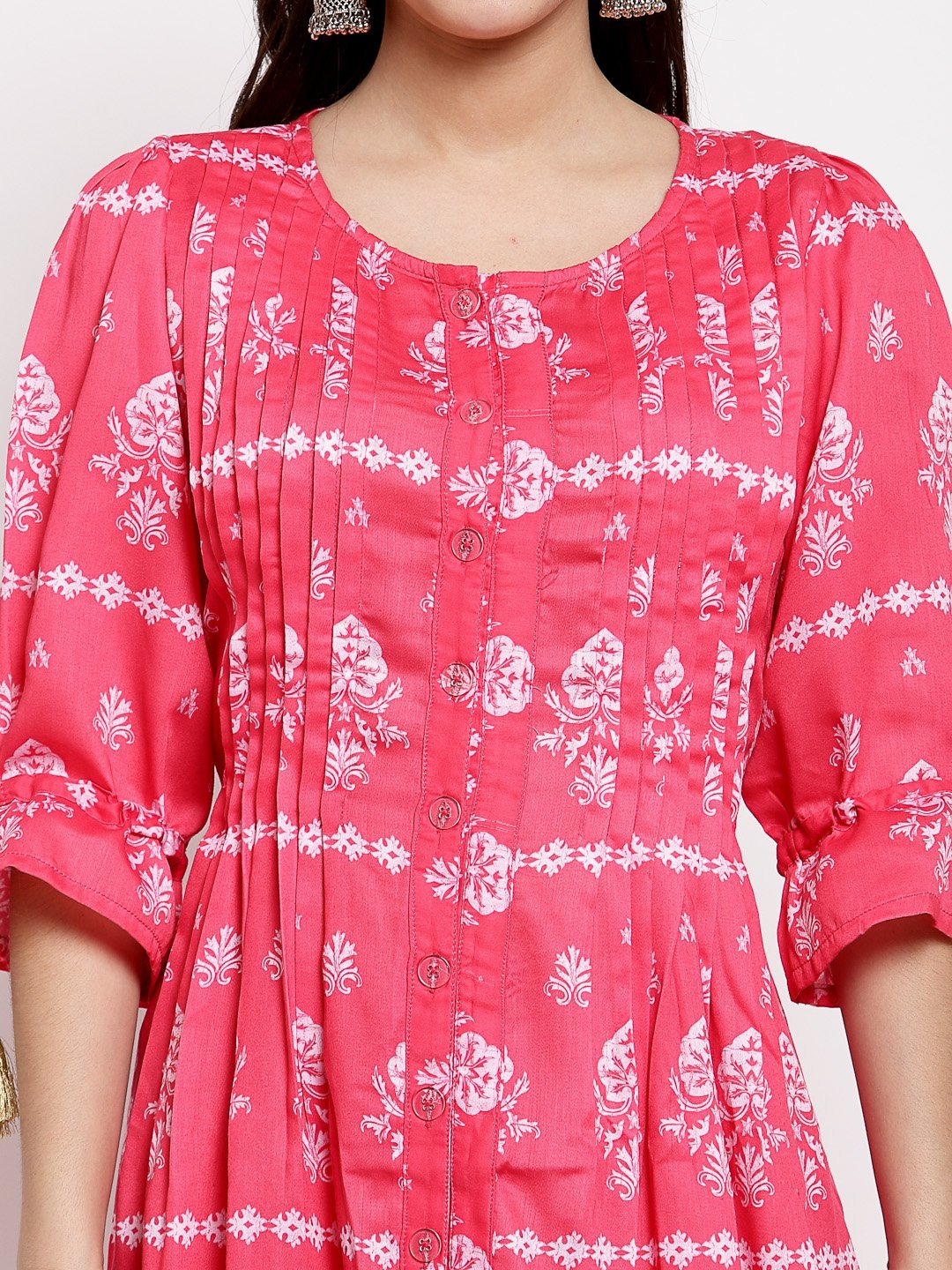 Women's Pink Cotton Printed 3/4 Sleeve Round Neck Casual Dress
