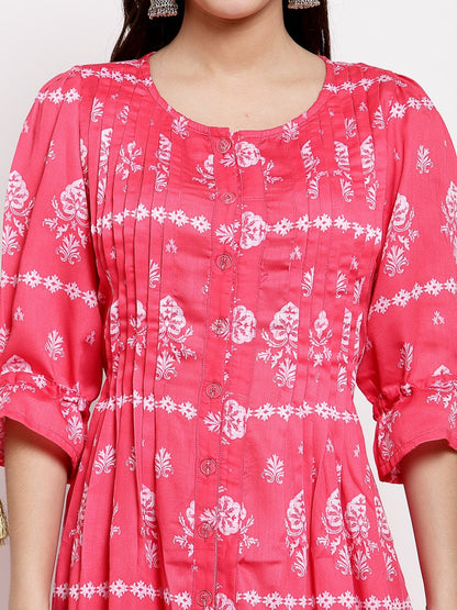 Women's Pink Cotton Printed 3/4 Sleeve Round Neck Casual Dress