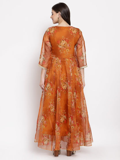 Women Brown Organza Printed Dress by Myshka (