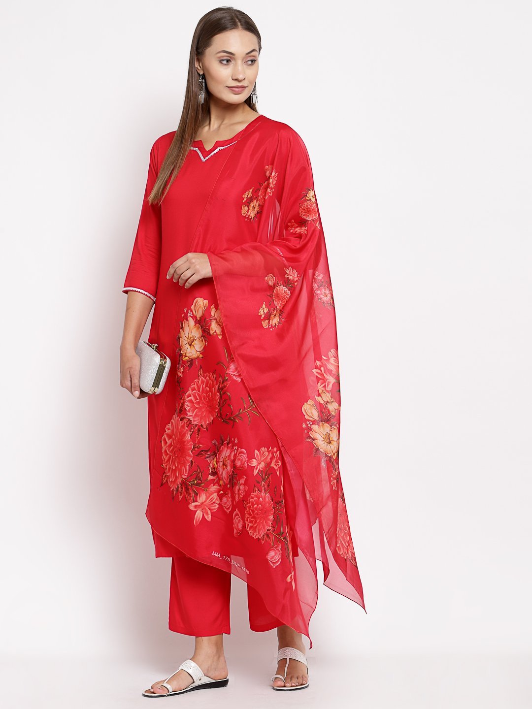 Women's Red Cotton Solid 3/4 Sleeve Square Neck Casual Kurta Pant Dupatta Set