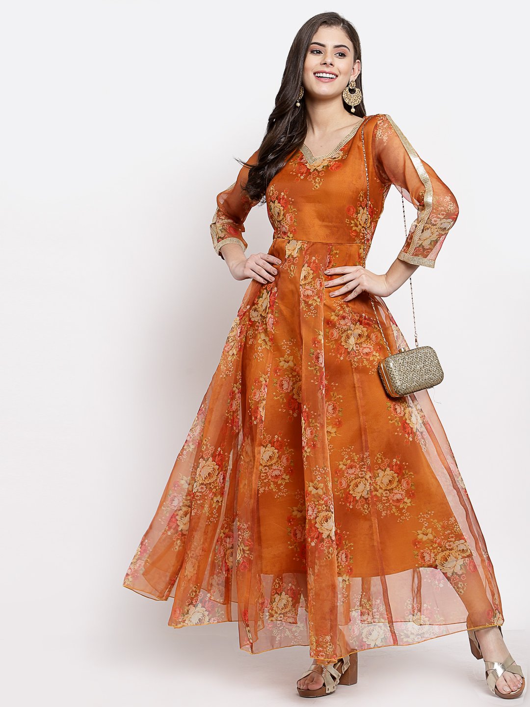 Women Brown Organza Printed Dress by Myshka (