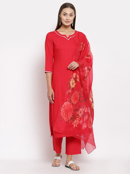 Women's Red Cotton Solid 3/4 Sleeve Square Neck Casual Kurta Pant Dupatta Set