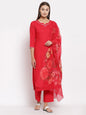Women's Red Cotton Solid 3/4 Sleeve Square Neck Casual Kurta Pant Dupatta Set