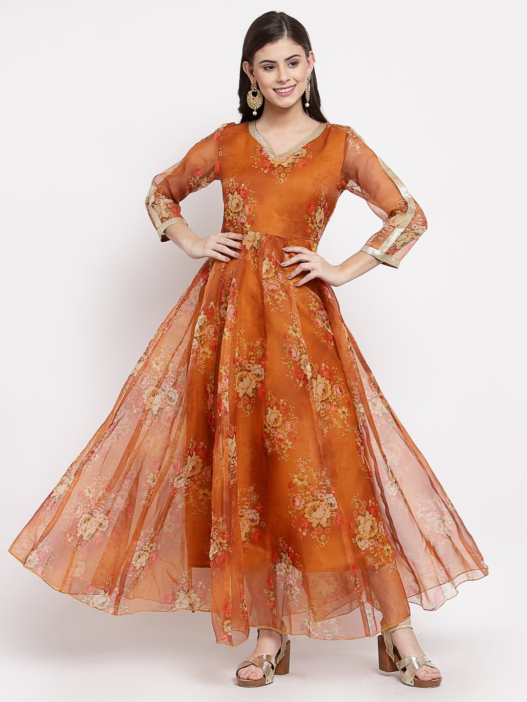 Women Brown Organza Printed Dress by Myshka (