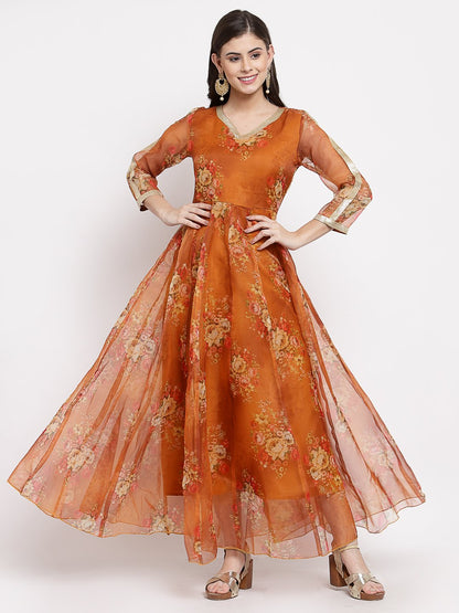 Women Brown Organza Printed Dress by Myshka (