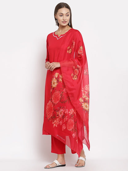 Women's Red Cotton Solid 3/4 Sleeve Square Neck Casual Kurta Pant Dupatta Set