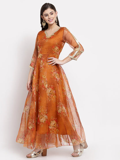 Women Brown Organza Printed Dress by Myshka (