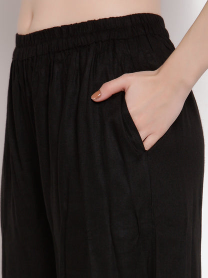 Women's Black Cotton Sleeveless Off Shoulder Solid Casual kurta Palazzo Dupatta Set
